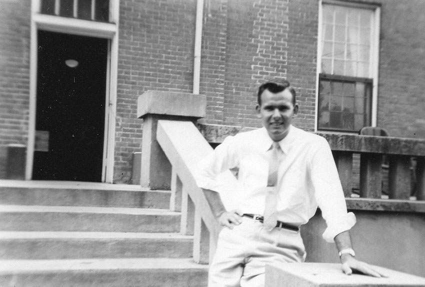 Joe Nester in front of Carrier Hall, the School of Engineering at Ole Miss. In 1955 Joe was invited to join the honorary Engineering Fraternity Chi Epsilon.