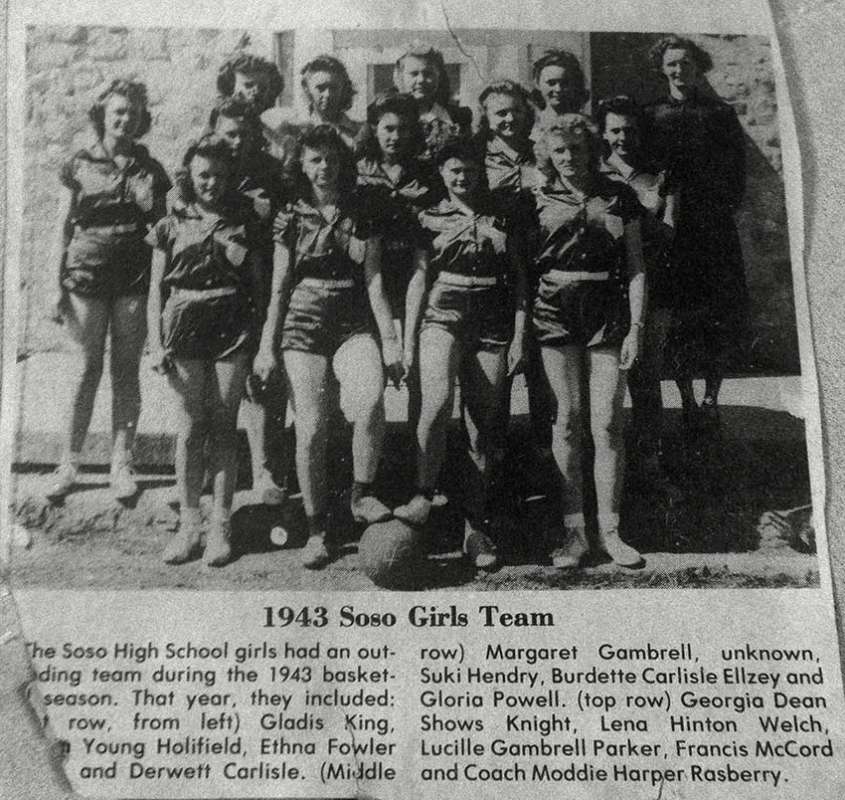 Moddie pictured with the 1943 Soso High School girl's basketball team, which she coached