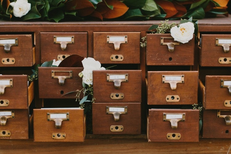 Card Catalogue Wedding Decor by Lovegood Wedding & Event Rentals in Hattiesburg, MS