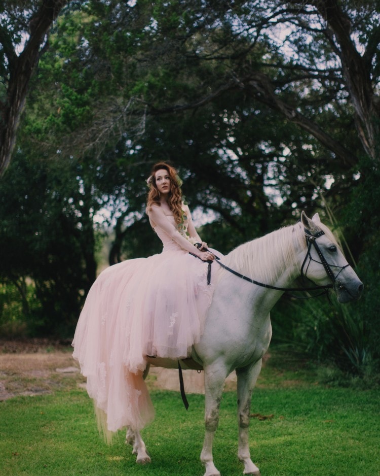 Vintage bride on horse, blush pink dress, bridal portrait by Starling & Sage, Hattiesburg Bridal Portrait Photographers