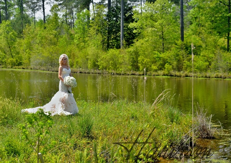 Lake-Side Bridal Portrait with Organza Ruffled Dress, Hydrangea and Babies Breath Bouquet