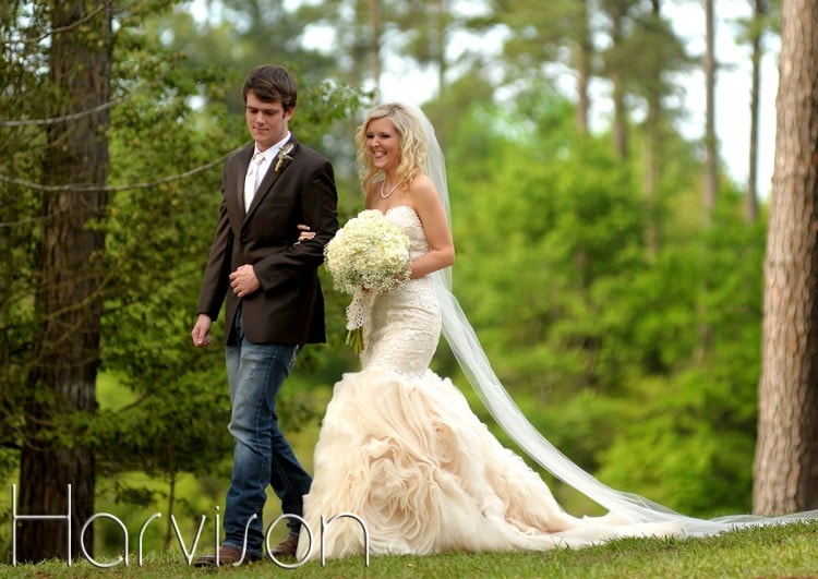 MS Outdoor Wedding Bride Entrance with White Hydrangea Bouquet and Ruffled Organza Mermaid Dress