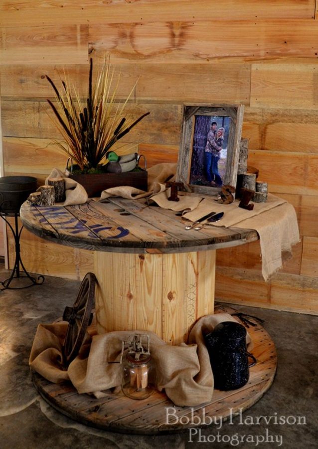 Wooden spool as wedding decor, table.